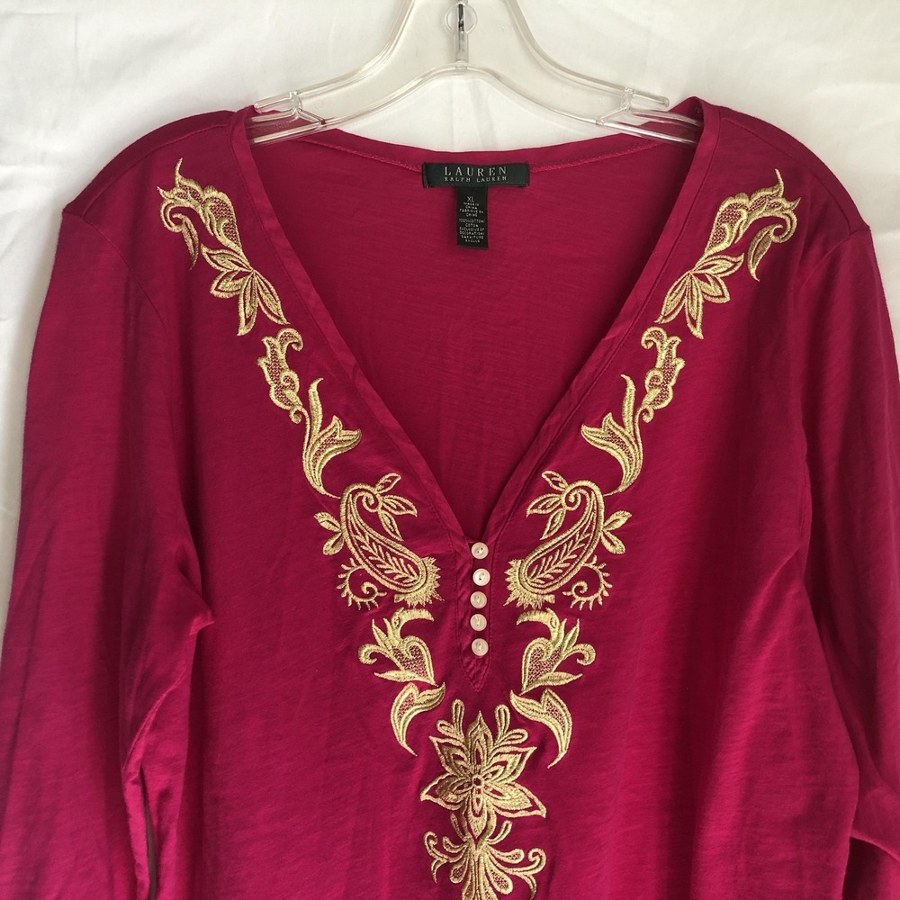 Lauren Ralph Lauren Shirt Womens XL Pink Embroidered V Neck Tunic 3/4 Sleeve - Picture 2 of 9
